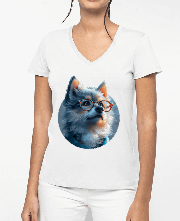 T-shirt femme col V Illustration de Loup avec lunettes par KronoArt
