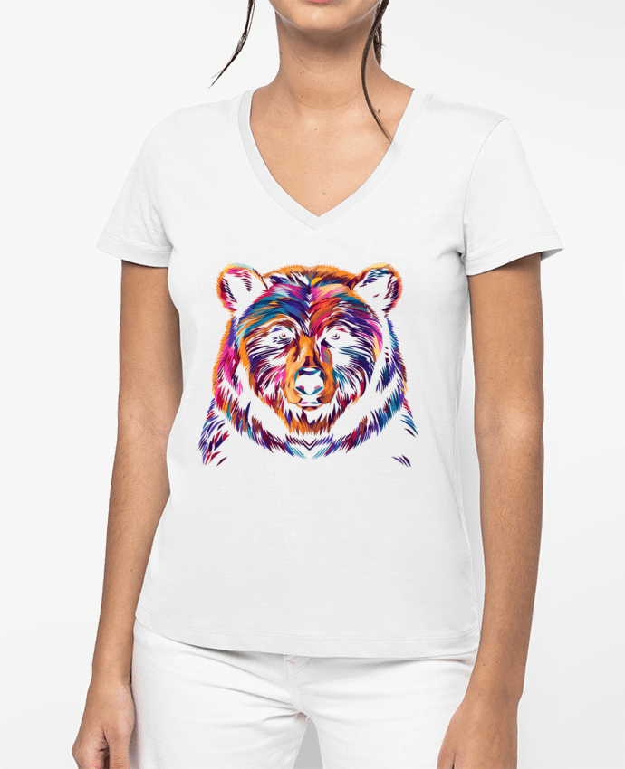 T-shirt femme col V Illustration d'Ours stylisé par KronoArt