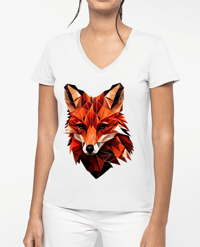 T-shirt femme col V Renard stylisé, Géométrique par KronoArt