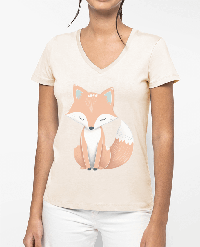 T-shirt femme col V Renard stylisé par KronoArt