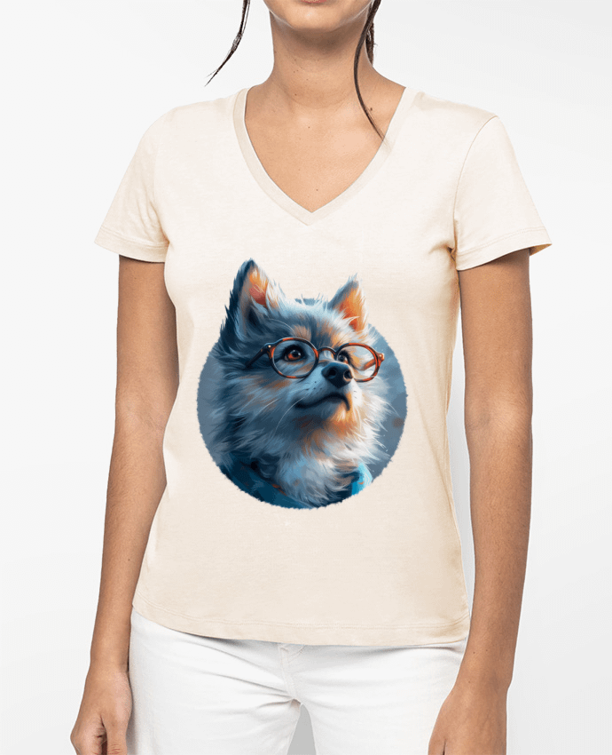 T-shirt femme col V Illustration de Loup avec lunettes par KronoArt