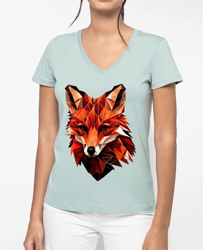 T-shirt femme col V Renard stylisé, Géométrique par KronoArt