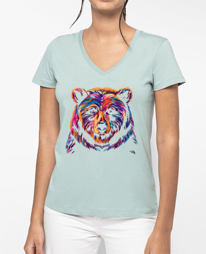 T-shirt femme col V Illustration d'Ours stylisé par KronoArt