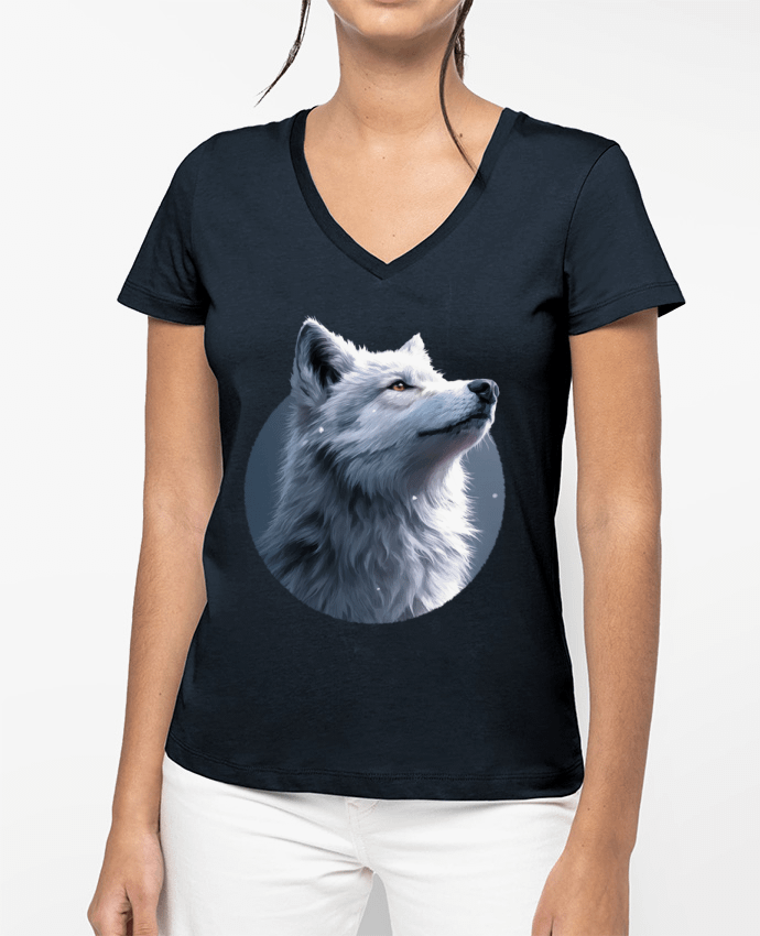 T-shirt femme col V Illustration de Loup Blanc par KronoArt