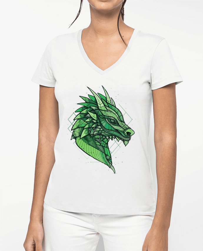 T-shirt femme col V Dragon stylisé, géométrique par KronoArt