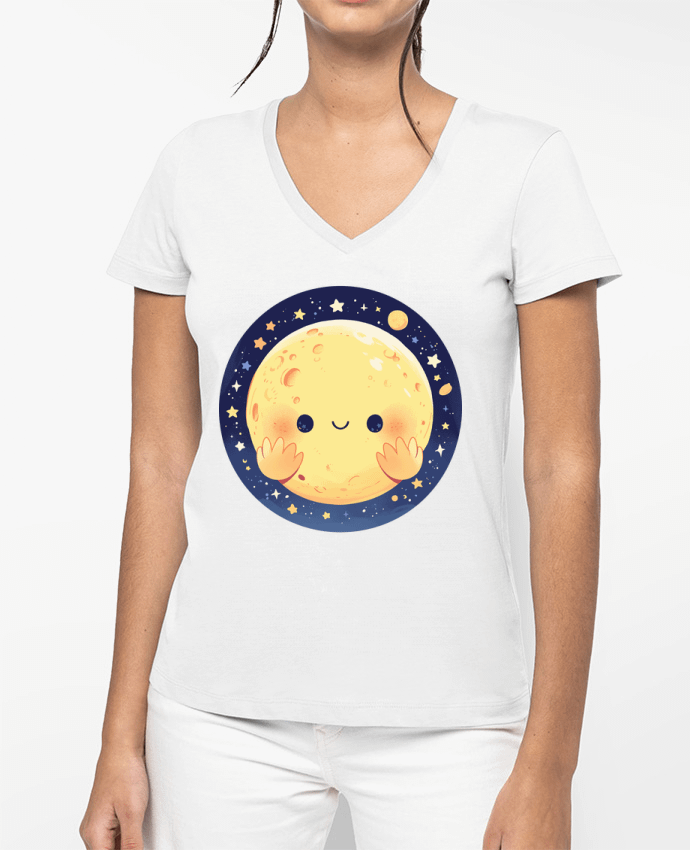 T-shirt femme col V La Lune qui sourit par KronoArt