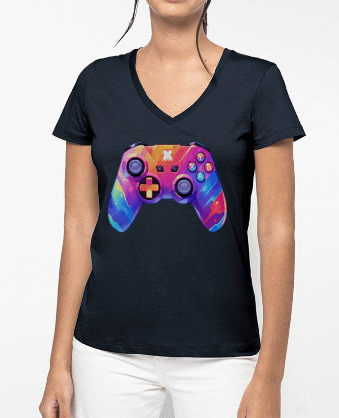 T-shirt femme col V Manette de jeux vidéo pixel art par KronoArt