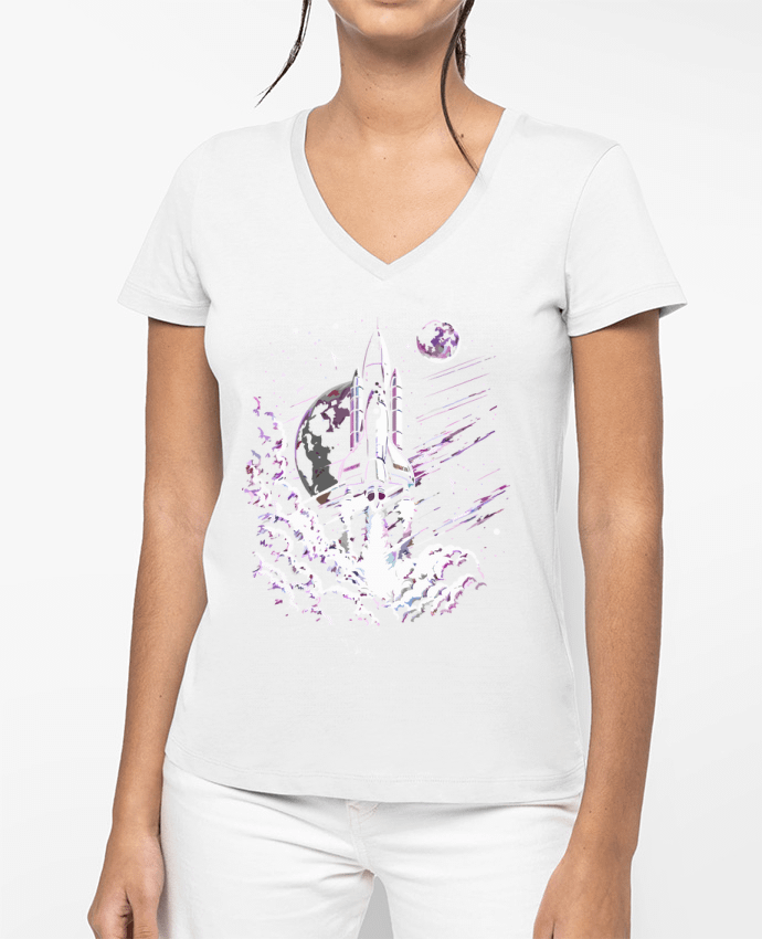 T-shirt femme col V Fusée au décollage par KronoArt
