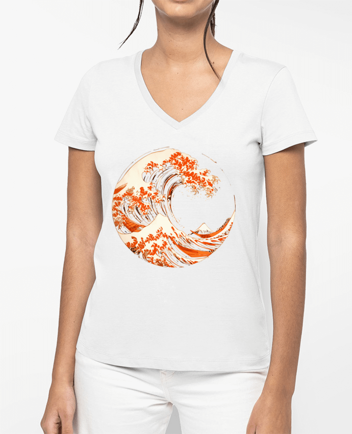 T-shirt femme col V Vague d'Hokusai Stylisé par KronoArt