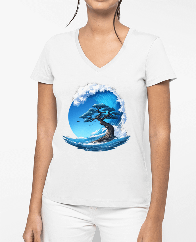 T-shirt femme col V Un arbre sous une vague par KronoArt