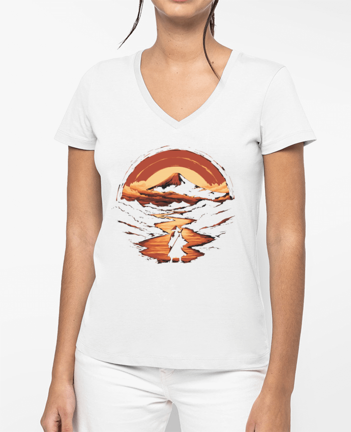 T-shirt femme col V Samouraï et Mont Fuji par KronoArt
