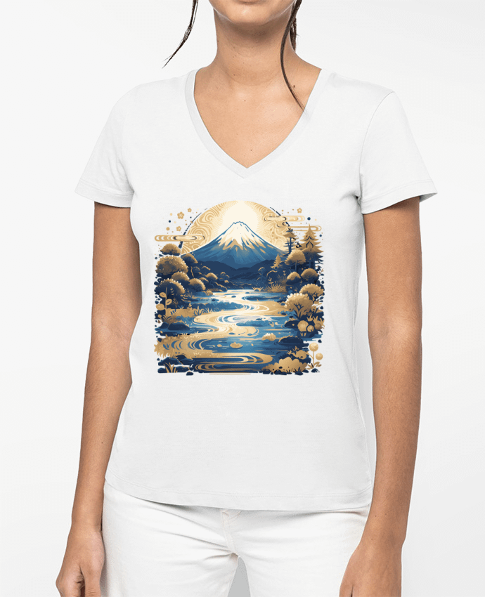 T-shirt femme col V Mont Fuji par KronoArt