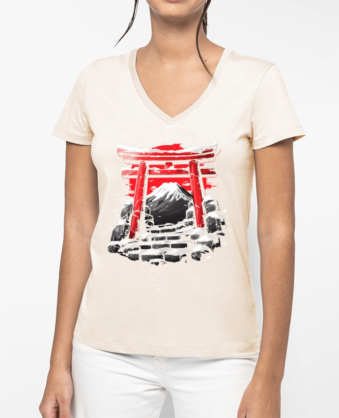 T-shirt femme col V Temple Japonnais et Mont Fuji par KronoArt