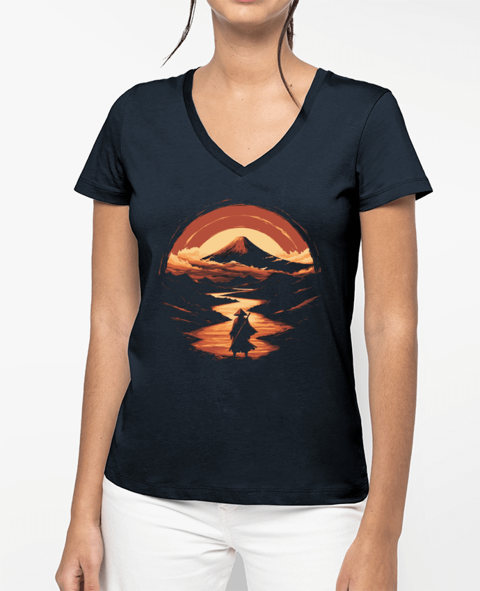 T-shirt femme col V Samouraï et Mont Fuji par KronoArt