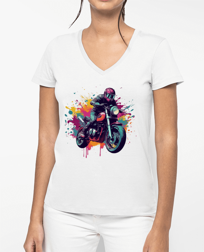 T-shirt femme col V Moto avec tâche de couleur par KronoArt