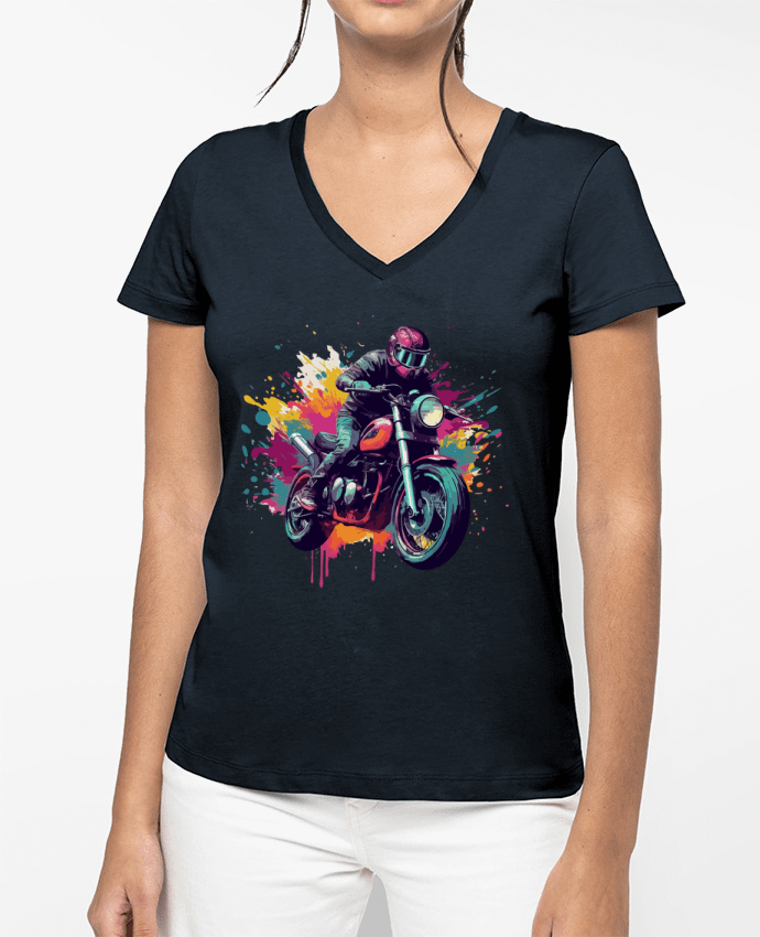 T-shirt femme col V Moto avec tâche de couleur par KronoArt