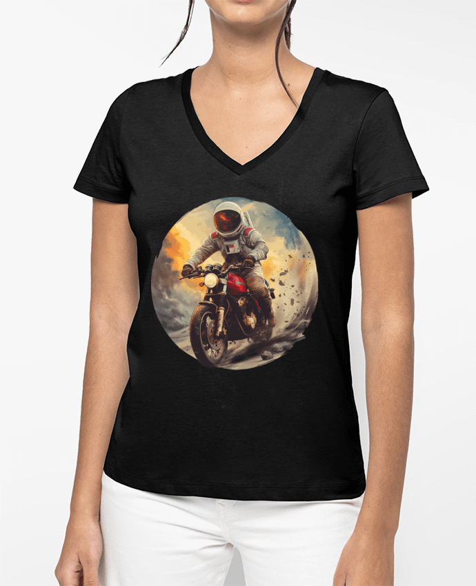 T-shirt femme col V Un astronaute sur une moto par KronoArt