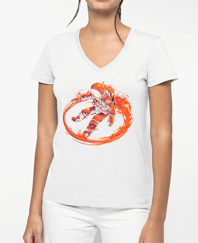 T-shirt femme col V Astronaute encerclé par des flammes par KronoArt