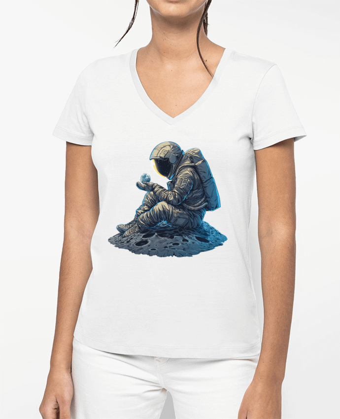 T-shirt femme col V Un astronaute observe la Terre par KronoArt