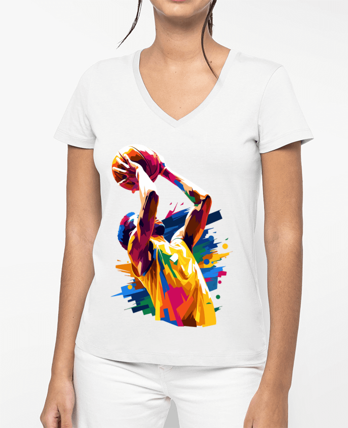 T-shirt femme col V Homme qui fait du basket par KronoArt