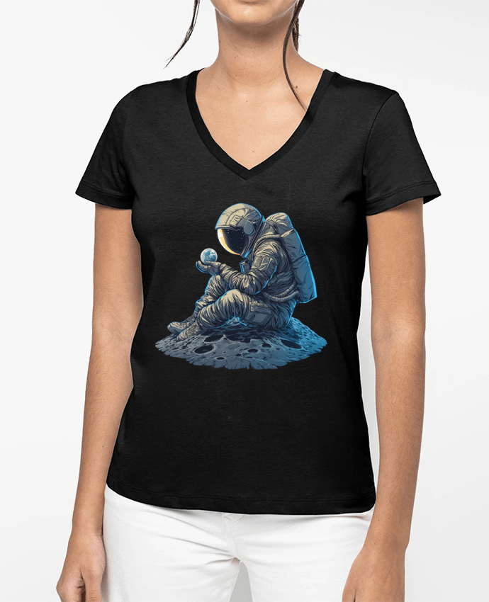 T-shirt femme col V Un astronaute observe la Terre par KronoArt