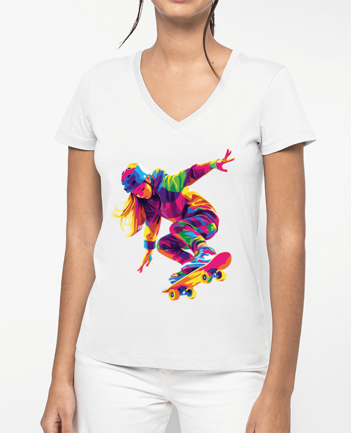 T-shirt écoresponsable col V femme Femme qui fait du Skate por KronoArt
