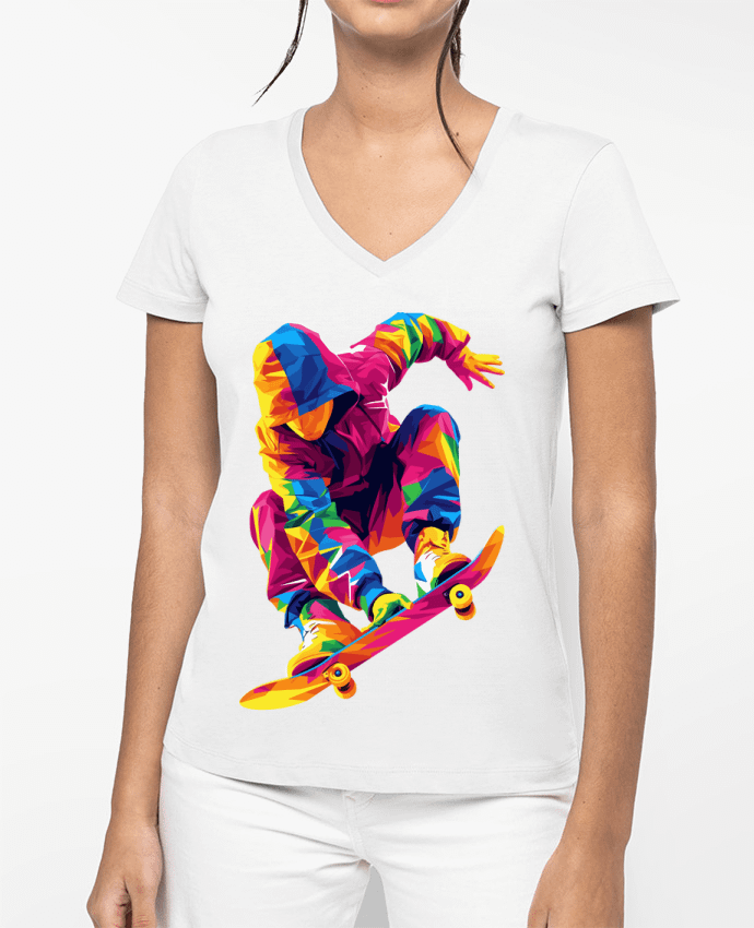 T-shirt femme col V Homme qui fait du Skate par KronoArt