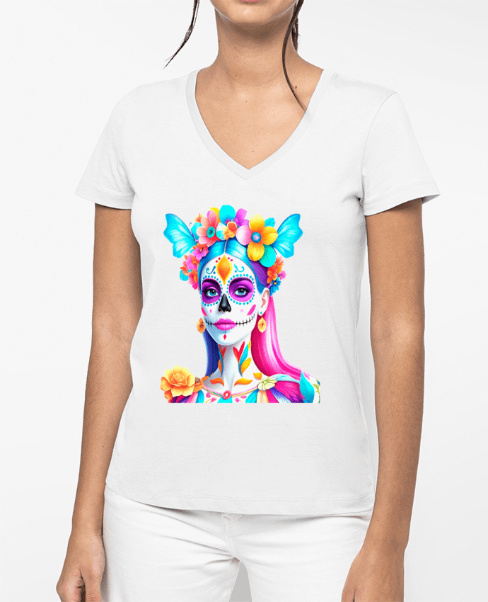 T-shirt femme col V DAY OF THE DEAD par 33designerarte
