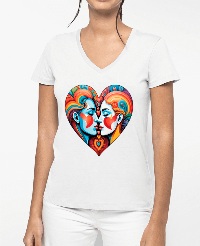 T-shirt femme col V MULTICOLOR HEART par 33designerarte