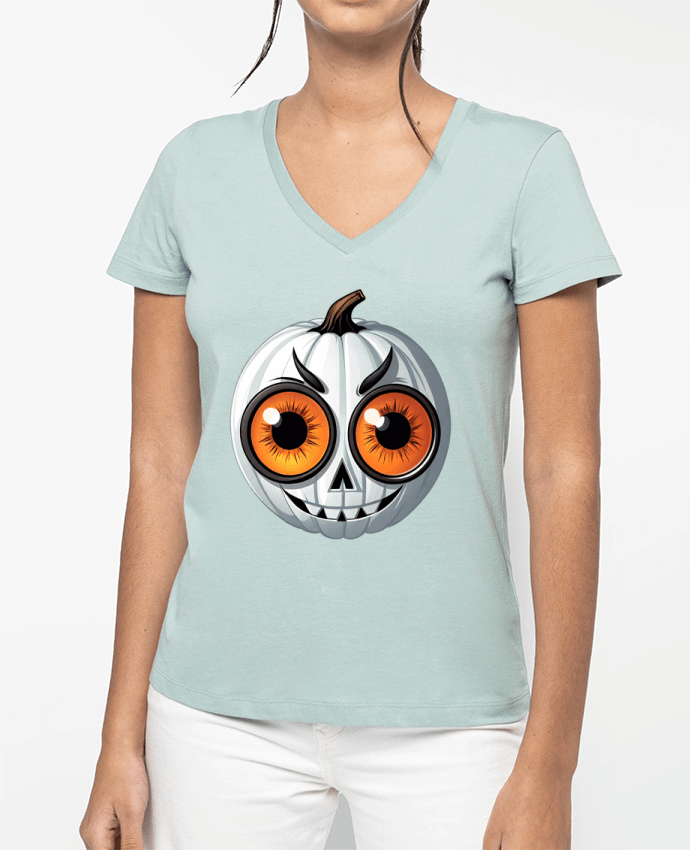 T-shirt femme col V WHITE PUMPKIN WITH EYES par 33designerarte