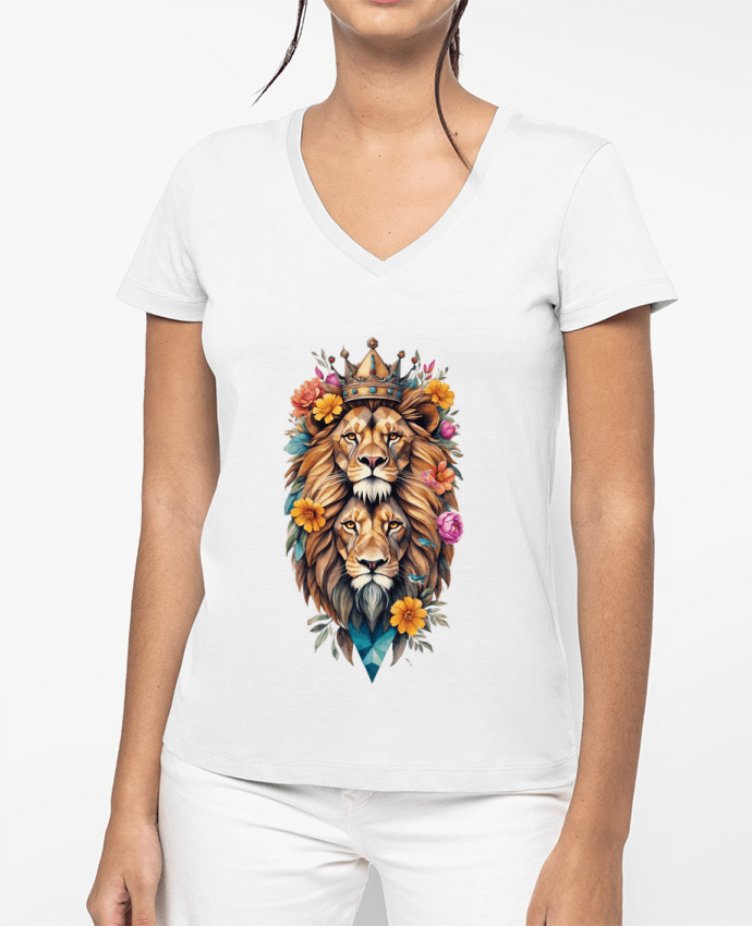 T-shirt femme col V Lions flowers par /wait-design
