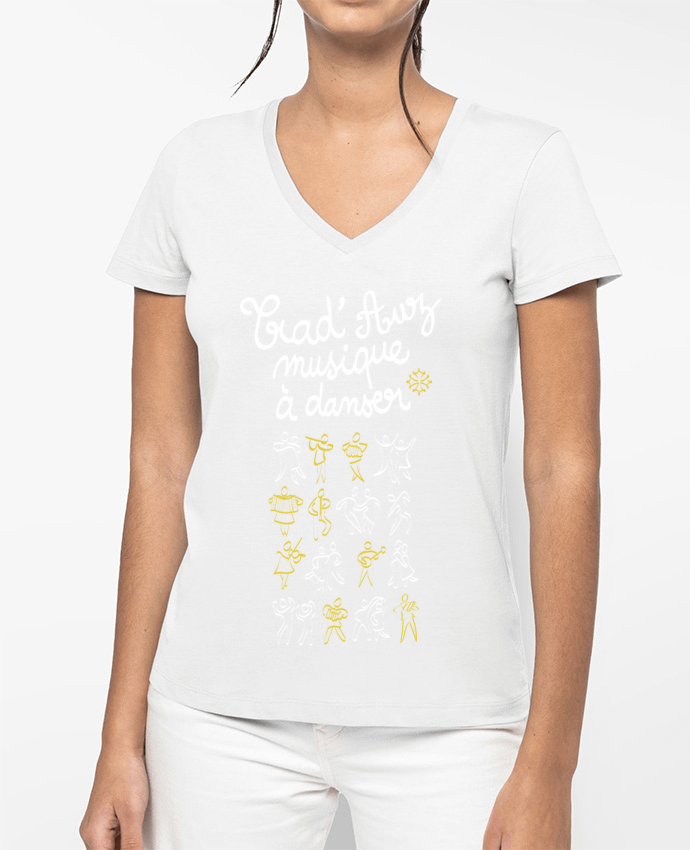 T-shirt femme col V TRADAUZ BLANC ET JAUNE par Trad'Auz