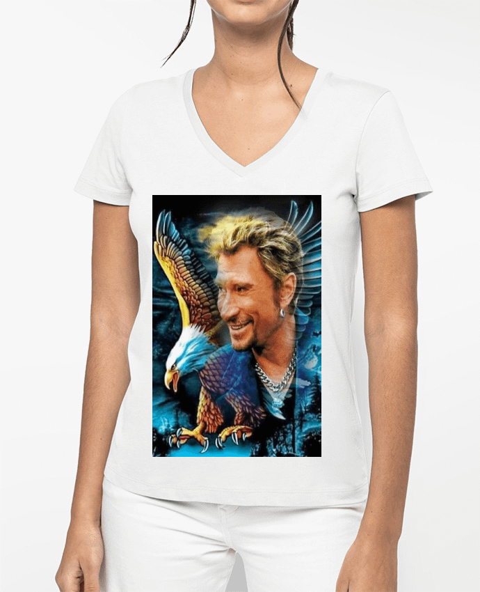 T-shirt femme col V Dessin de Johnny Hallyday par White Tiger 60