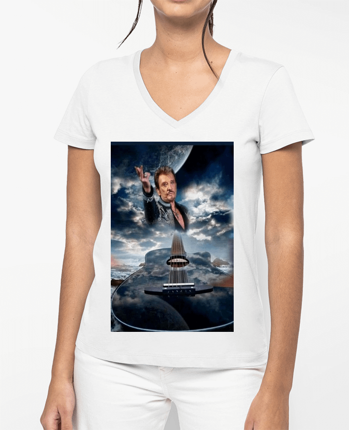 T-shirt femme col V Johnny Hallyday avec Guitare par White Tiger 60