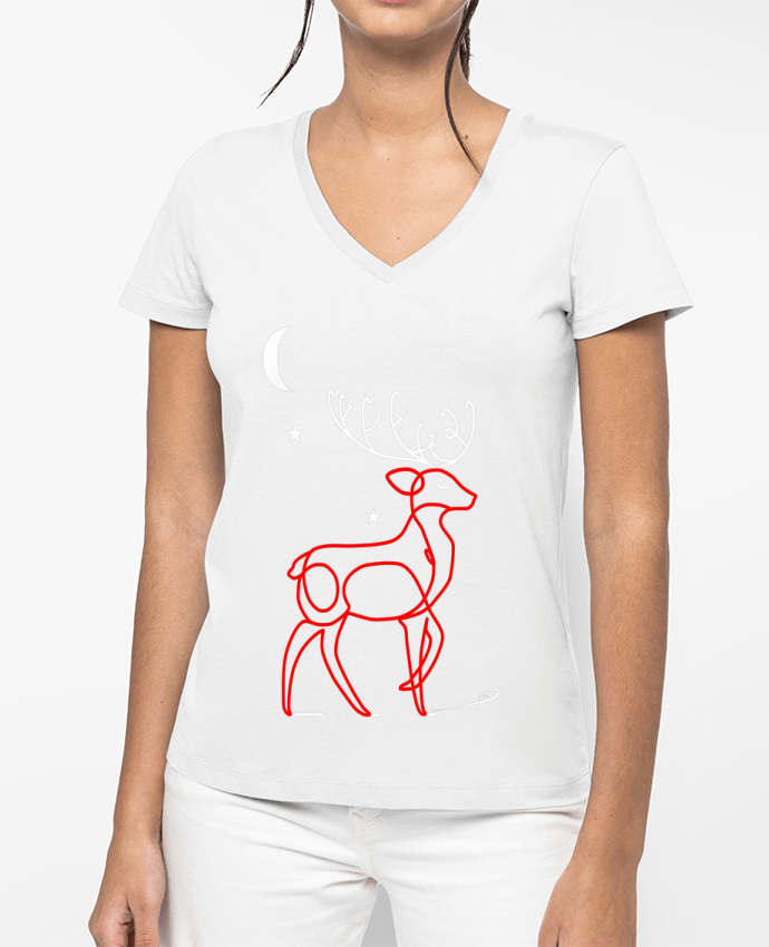 T-shirt femme col V Renne  nocturne, rouge et blanc, Noël, étoiles -Design- Illustration Féérique et