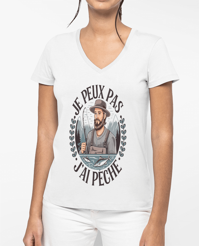 T-shirt femme col V je peux pas j'ai pêche par bwilfy