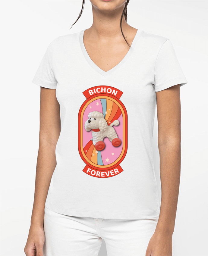 T-shirt femme col V Bichon forever Arc-en-ciel par Unik&moi