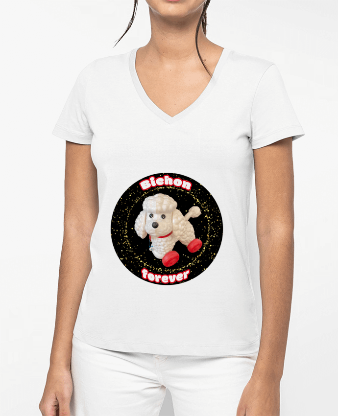 T-shirt femme col V Bichon forever paillettes par Unik&moi