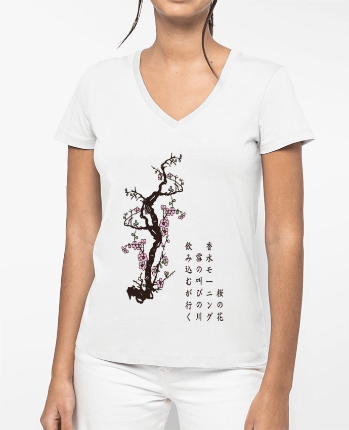 T-shirt femme col V Sakura Haïku par BowlOfRice