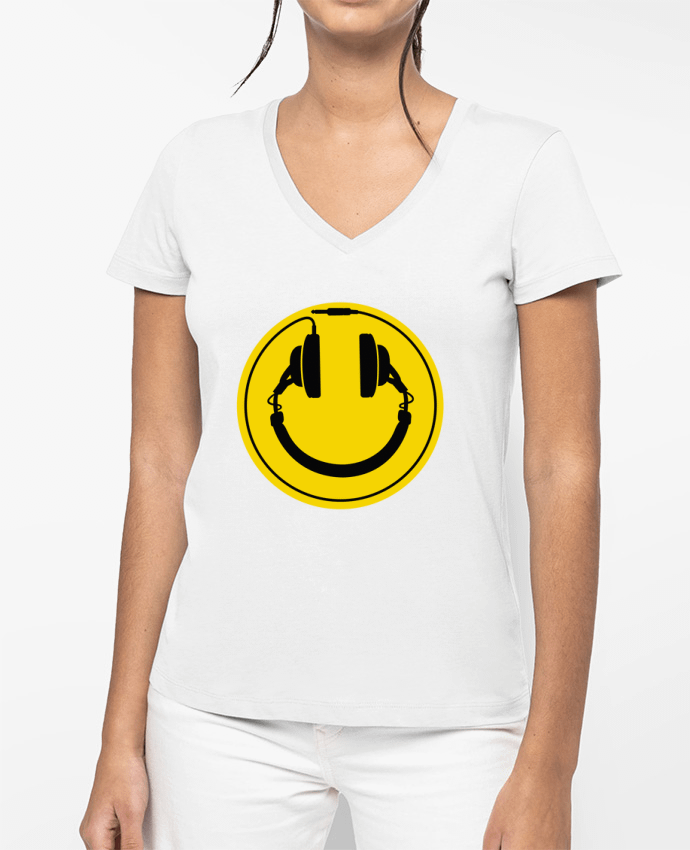 T-shirt femme col V SMILEY HEADPHONE par LaundryFactory