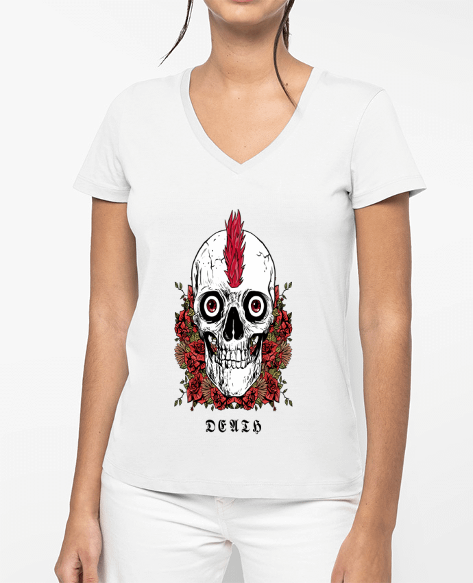 T-shirt femme col V Tête de mort Punk Mexicaine avec Fleur. par Halis