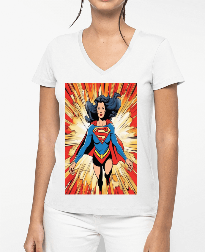 T-shirt écoresponsable col V femme Super Woman moderne by guyzd