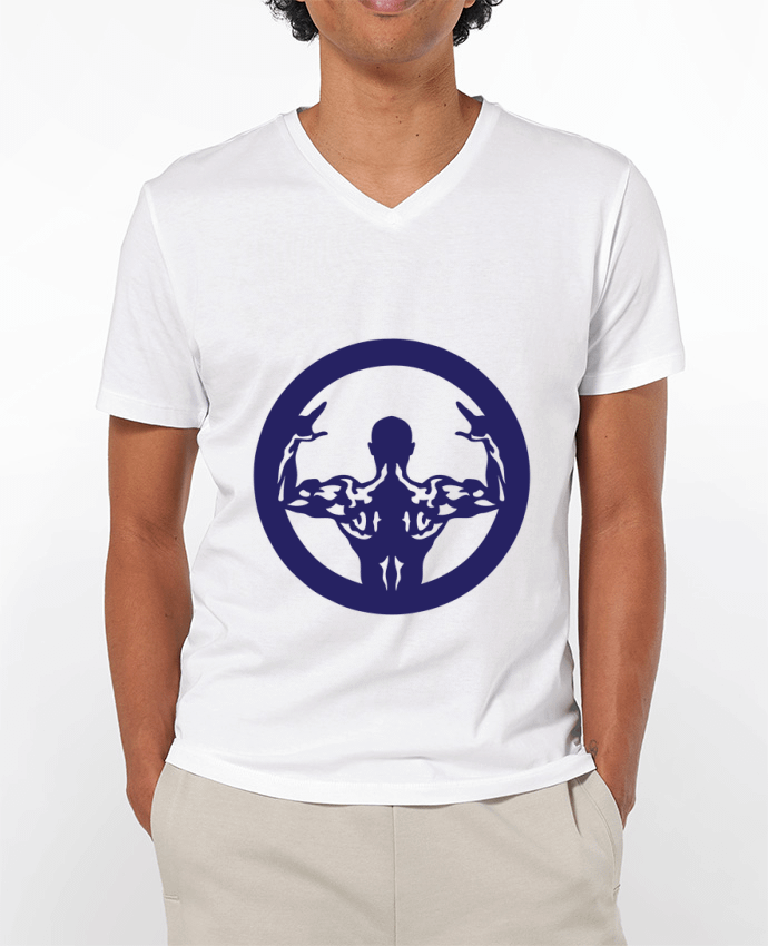 Camiseta Hombre Cuello en V 180g bodybuilding musculation logo biceps pose por Achille