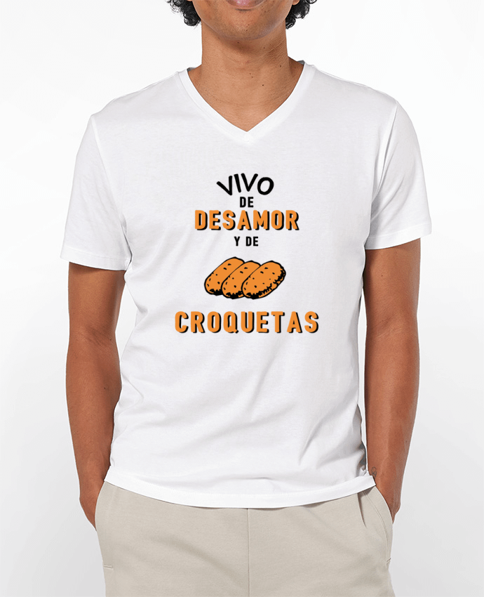 Camiseta Hombre Cuello en V 180g Vivo de desamor y de croquetas por tunetoo