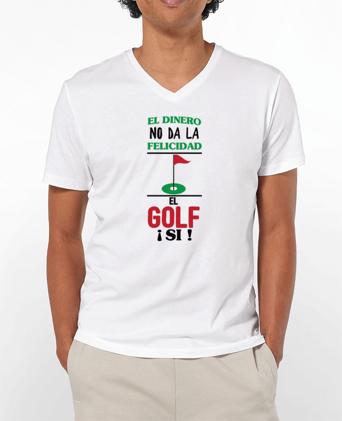 Camiseta Hombre Cuello en V 180g El dinero no da la felicidad, el golf si ! por tunetoo