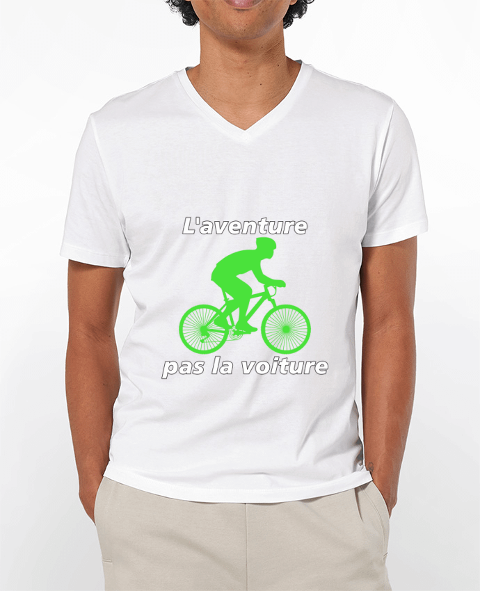 Camiseta Hombre Cuello en V 180g L'aventure pas la voiture avec vélo vert por LV-CREATOR