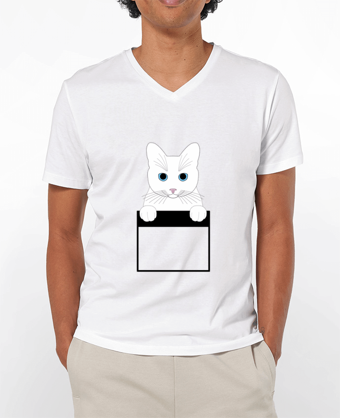T-shirt homme Chat blanc yeux bleu poche par Finger L