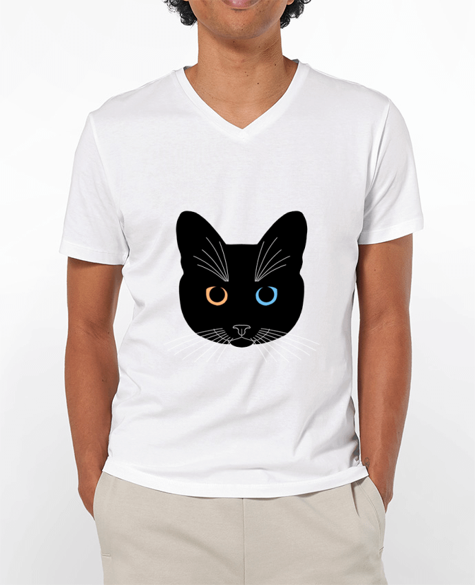 T-shirt homme Chat tête noir yeux orange bleu par Finger L