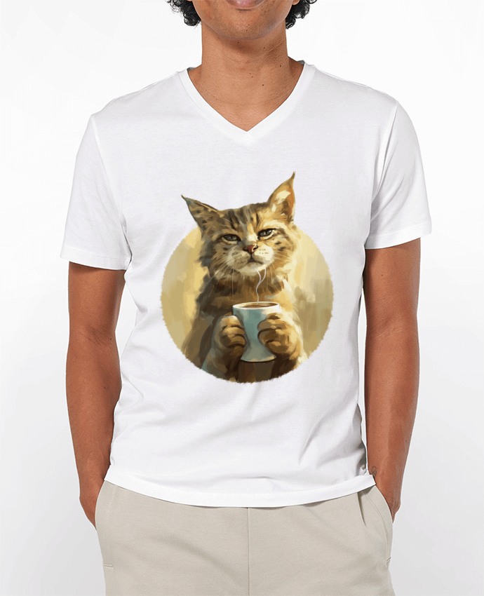 T-shirt homme Illustration de Chat avec sa tasse de café par KronoArt