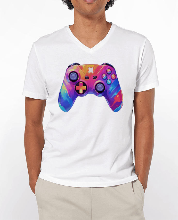 Camiseta Hombre Cuello en V 180g Manette de jeux vidéo pixel art por KronoArt
